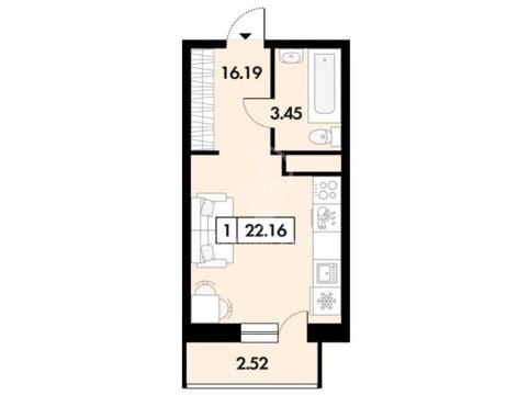 Студия, 2/7 эт., 19м²
